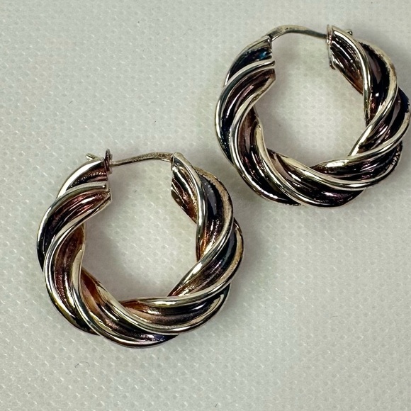 New Bottega Veneta Sterling Silver W/MauvePink Color Twisted Hoop Earrings - Picture 2 of 6